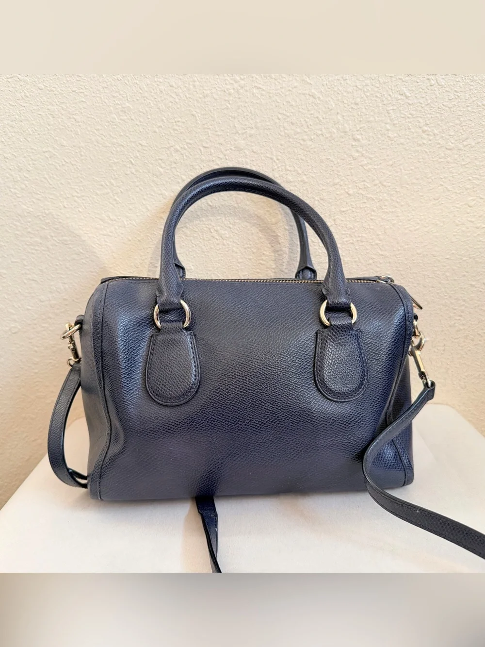 Coach Navy Blue Small Satchel Detachable Crossbody Strap Textured Leather